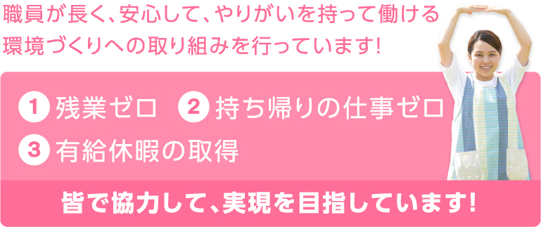 職員が長く、安心して、やりがいを持って働ける環境づくりへの取り組みを行っています！　１・残業ゼロ、２・持ち帰り仕事のゼロ、３・有給休暇の取得、皆で協力して、実現を目指しています！